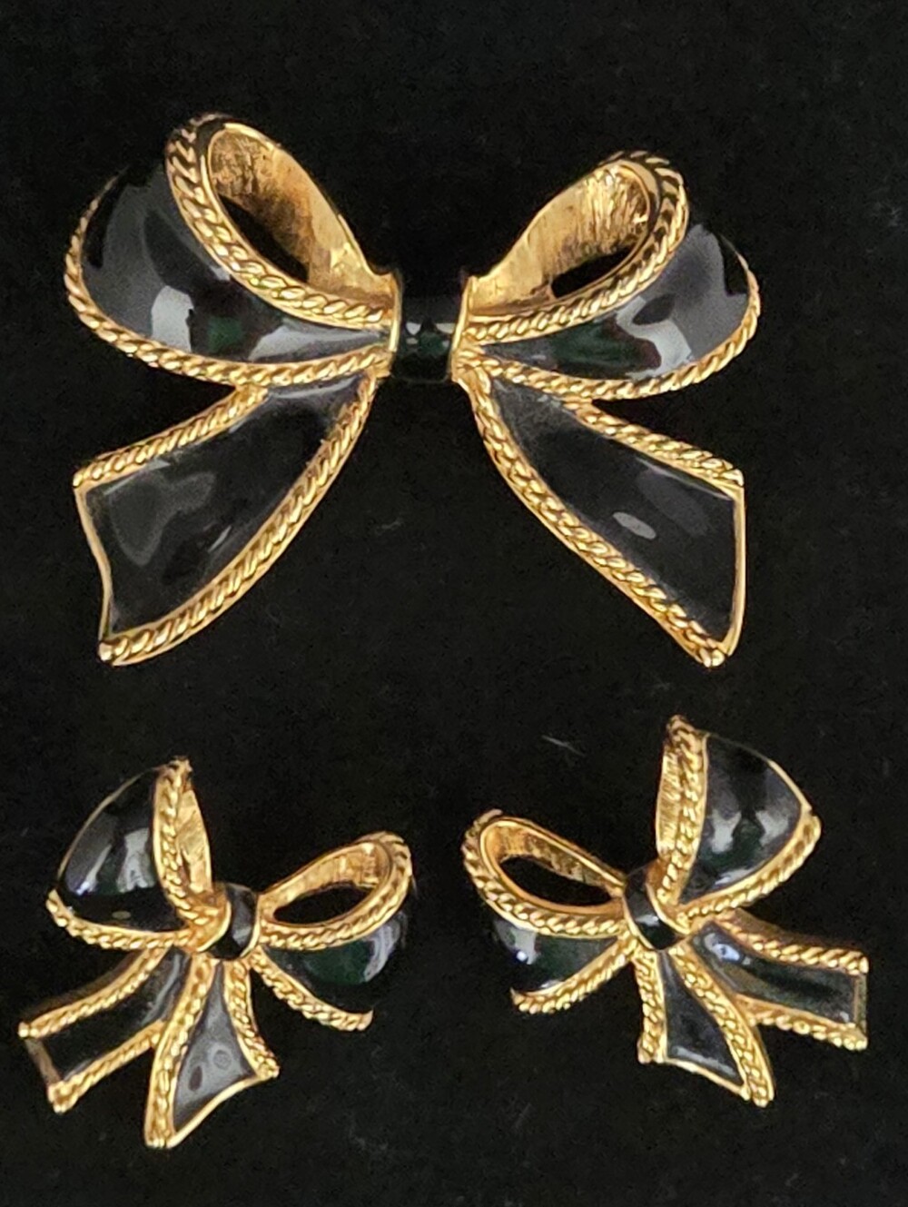 Vintage K.J.L. for Avon Black Enamel & Gold Bow Brooch and Earrings Set